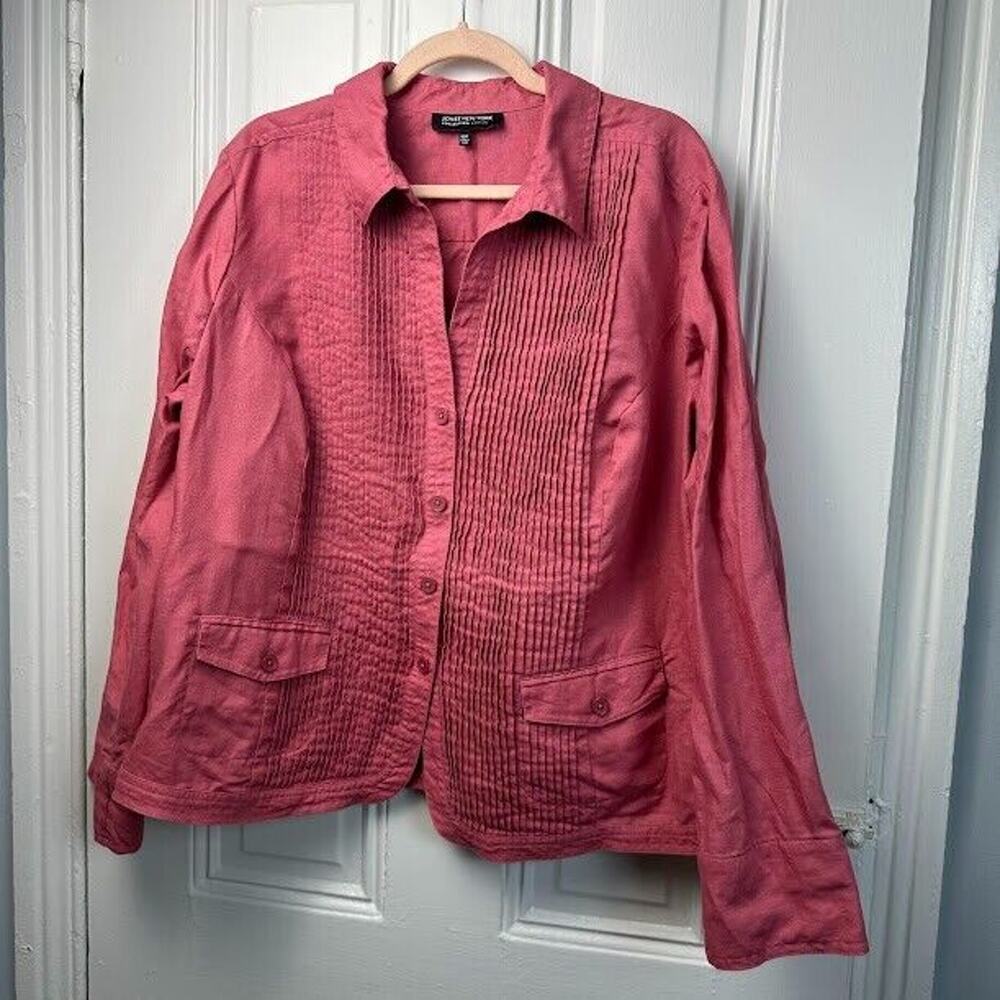 Jones New York Collection Linen Shirt Womens 16W Pink Pleated Button Up Collared